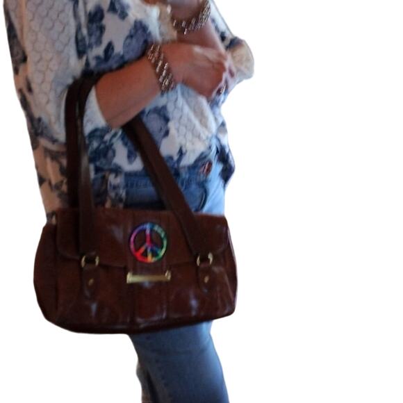 Peace Patent Leather Purse Brown Shoulder Bag Handbag Festival Boho Fairy Gypsy - Picture 6 of 10